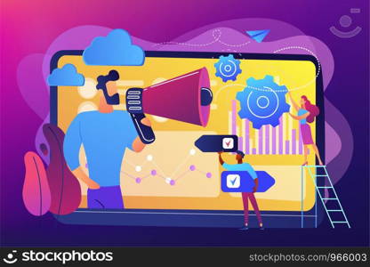 Tiny people, marketer with megaphone, consumers data analysis. Data driven marketing, consumer behaviour analysis, digital marketing trend concept. Bright vibrant violet vector isolated illustration. Data driven marketing concept vector illustration.