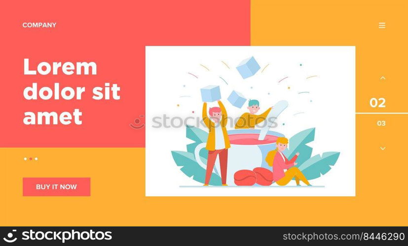 Tiny people mixing sugar in big cup of coffee flat vector illustration. Cartoon office employees at coffee break. Hot beverages and rest concept