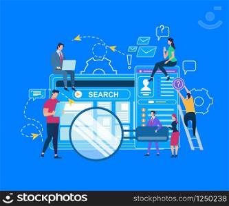Tiny People Moving Around of Huge Computer Monitor and Smartphone on Blue Background with Outline Elements. Search Window on Screen. Businessman Holding Magnifier. Cartoon Flat Vector Illustration. Tiny People Moving Around of Huge Computer Monitor