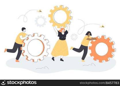 Tiny people moving giant gears. Flat vector illustration. Business team with cogwheels, symbol of repair service, upgrade, knowledge, cooperation. Teamwork, technology, setting, research concept