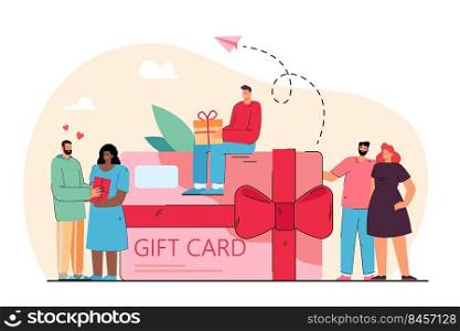 Tiny people near giant gift card voucher from store flat vector illustration. Cartoon happy customers getting coupon during shopping. Discount program and retail concept