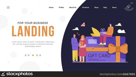 Tiny people near giant gift card voucher from store flat vector illustration. Cartoon happy customers getting coupon during shopping. Discount program and retail concept