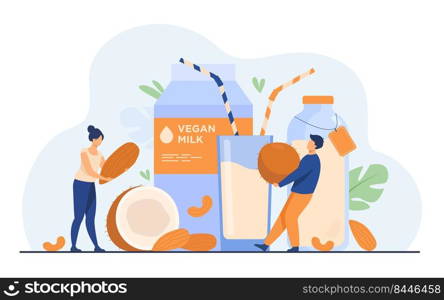 Tiny people near lactose free milk flat vector illustration. Cartoon vegan almond, oat, rice, soya and seed beverages. Wellness and delicious raw food concept