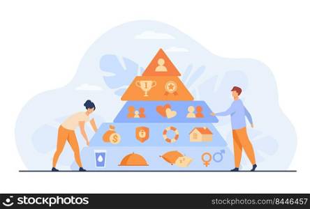 Tiny people near Maslow pyramid flat vector illustration. Cartoon triangle pyramid with graphic hierarchy levels. Sociology theory and wellness measurement concept
