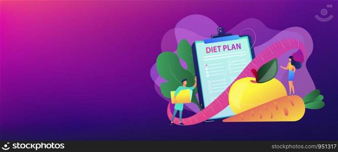 Tiny people nutritionist and diet plan checklist with vegetables, fruit. Nutrition diet, weight-management diet, individual dietary service concept. Header or footer banner template with copy space.. Nutrition diet concept banner header.
