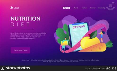 Tiny people nutritionist and diet plan checklist with vegetables, fruit. Nutrition diet, weight-management diet, individual dietary service concept. Website vibrant violet landing web page template.. Nutrition diet concept landing page.