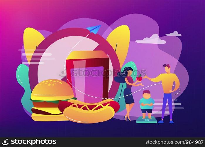 Tiny people, parents and overweight kid on scales, fast food prohibited. Child overweight, children disordered eating, kids energy imbalance concept. Bright vibrant violet vector isolated illustration. Child overweight concept vector illustration.
