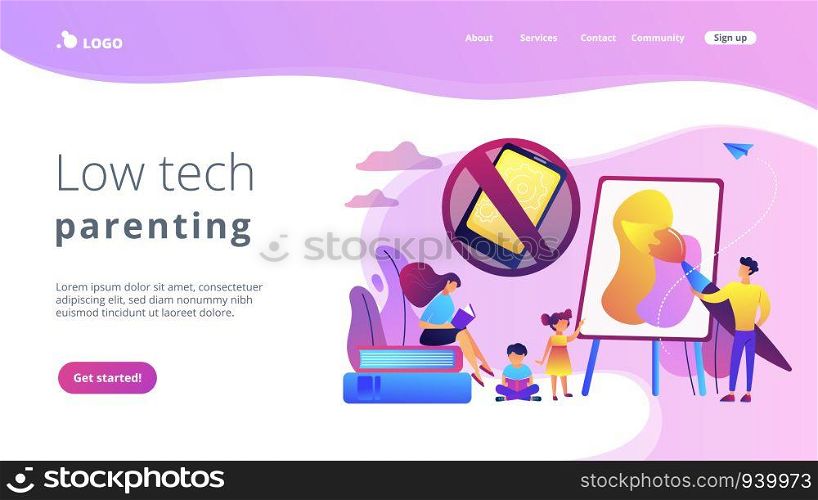 Tiny people parents paint and read books with children and no smartphone sign. Low tech parenting, tech-free kids, low media child concept. Website vibrant violet landing web page template.. Low tech parenting concept landing page.