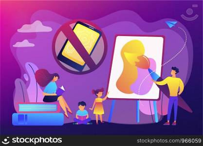 Tiny people parents paint and read books with children and no smartphone sign. Low tech parenting, tech-free kids, low media child concept. Bright vibrant violet vector isolated illustration. Low tech parenting concept vector illustration.
