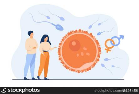 Tiny people planning baby flat vector illustration. Cartoon embryo development and human healthy reproduction symbolic visualization. Fertility and parenthood concept