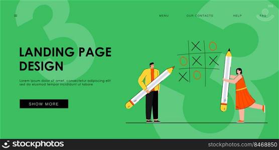 Tiny people playing noughts and crosses flat vector illustration. Happy man and woman holding huge pencils. Game, ticktacktoe, together, strategy concept for banner, website design or landing web page