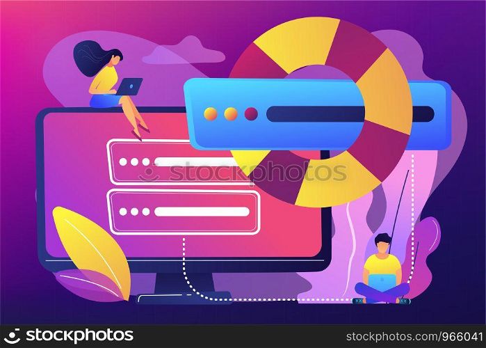 Tiny people programmers with laptops save data on backup server with lifebuoy. Backup server, online backup storage, secondary system server concept. Bright vibrant violet vector isolated illustration. Backup server concept vector illustration.