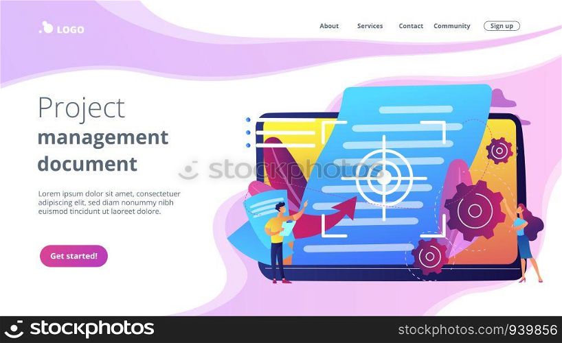 Tiny people project managers work on vision and scope document. Vision and scope document, project main plan, project management document concept. Website vibrant violet landing web page template.. Vision and scope document concept landing page.