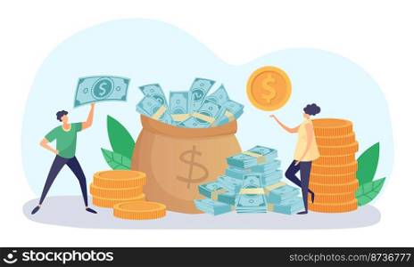 Tiny people putting coins and dollar banknotes into big sack full of money. Man and woman saving or investing cash. Female and male characters earning income from business vector illustration. Tiny people putting coins and dollar banknotes into big sack full of money. Man and woman saving or investing cash