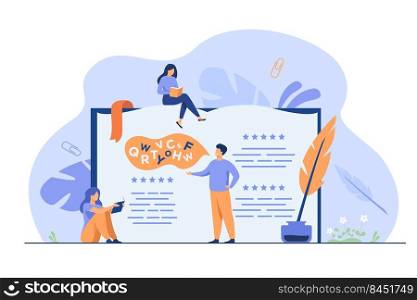 Tiny people reading and writing poetry or poem isolated flat vector illustration. Cartoon characters standing or sitting near open book, ink and feather. Entertainment and literature concept
