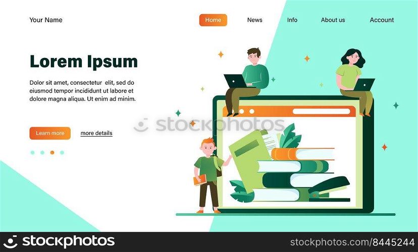 Tiny people reading books in online library. Internet, laptop, technology flat vector illustration. Knowledge and education concept for banner, website design or landing web page