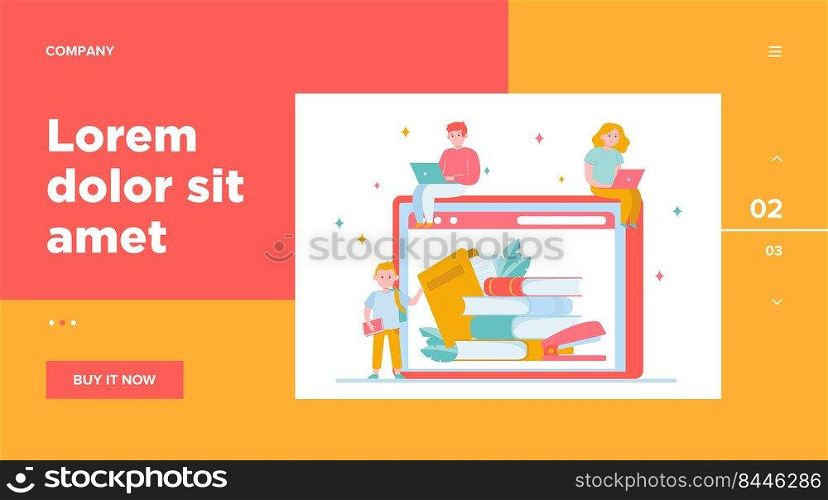 Tiny people reading books in online library. Internet, laptop, technology flat vector illustration. Knowledge and education concept for banner, website design or landing web page