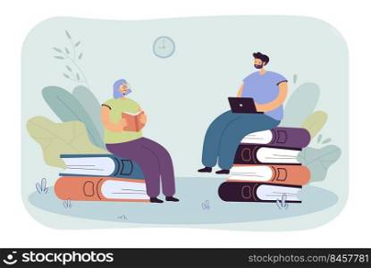 Tiny people reading books. Woman reading paper books. Man sitting with laptop. Self-education, school, knowledge concept for banner, website design or landing web page
