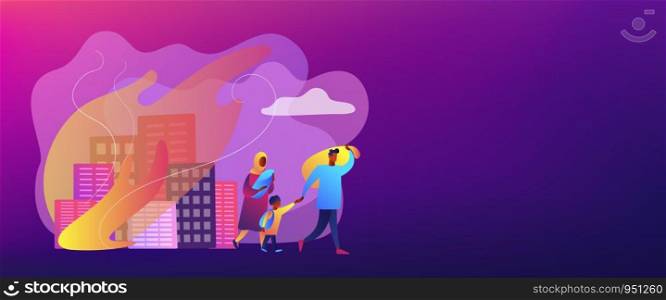 Tiny people refugee migrant family in destroyed city searching for new home. Refugees people, refugee crisis, forced displaced people concept. Header or footer banner template with copy space.. Refugees concept banner header.