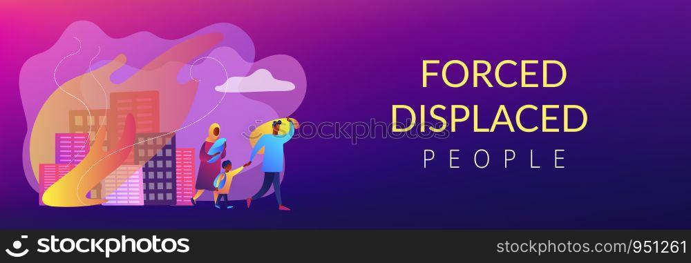 Tiny people refugee migrant family in destroyed city searching for new home. Refugees people, refugee crisis, forced displaced people concept. Header or footer banner template with copy space.. Refugees concept banner header.