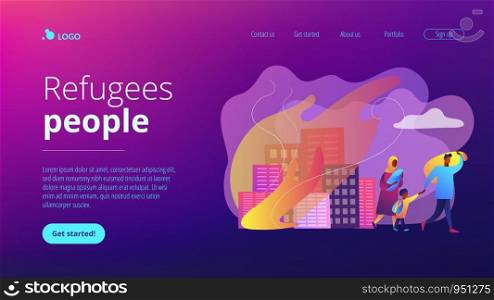 Tiny people refugee migrant family in destroyed city searching for new home. Refugees people, refugee crisis, forced displaced people concept. Website vibrant violet landing web page template.. Refugees concept landing page.