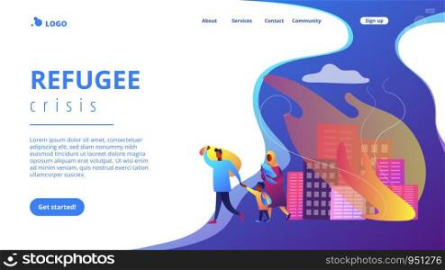 Tiny people refugee migrant family in destroyed city searching for new home. Refugees people, refugee crisis, forced displaced people concept. Website vibrant violet landing web page template.. Refugees concept landing page.