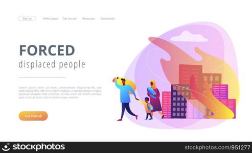 Tiny people refugee migrant family in destroyed city searching for new home. Refugees people, refugee crisis, forced displaced people concept. Website vibrant violet landing web page template.. Refugees concept landing page.