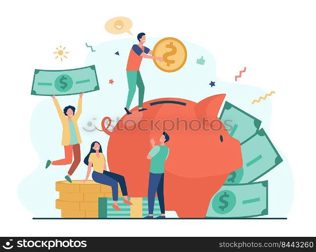 Tiny people saving money in piggy bank isolated flat vector illustration. Cartoon characters putting income and cash on deposit. Business, wealth and financial investment concept