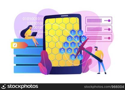 Tiny people, scientists at tablet with pickaxe mining. Data mining, data warehouse sourcing, data collecting techniques concept. Bright vibrant violet vector isolated illustration. Data mining concept vector illustration.
