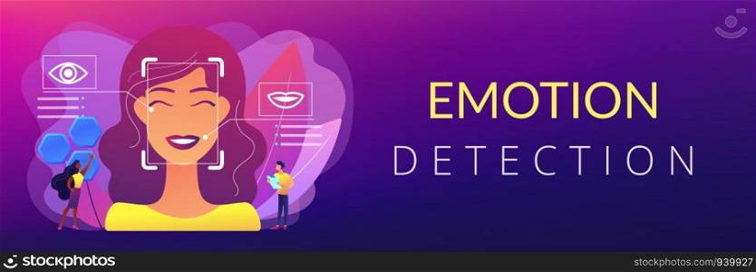 Tiny people scientists identify womans emotions from voice and face. Emotion detection, emotional state recognizing, emo sensor technology concept. Header or footer banner template with copy space.. Emotion detection concept banner header.