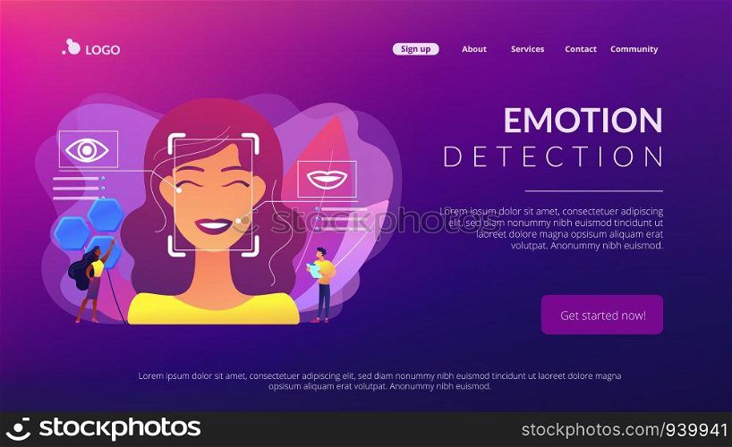 Tiny people scientists identify womans emotions from voice and face. Emotion detection, emotional state recognizing, emo sensor technology concept. Website vibrant violet landing web page template.. Emotion detection concept landing page.