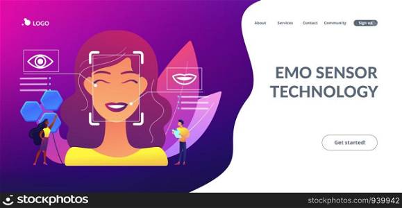 Tiny people scientists identify womans emotions from voice and face. Emotion detection, emotional state recognizing, emo sensor technology concept. Website vibrant violet landing web page template.. Emotion detection concept landing page.