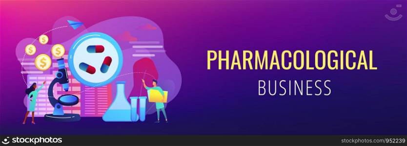 Tiny people scientists in the lab produce pharmaceutical drugs. Pharmacological business, pharmaceutical industry, pharmacological service concept. Header or footer banner template with copy space.. Pharmacological business concept banner header.