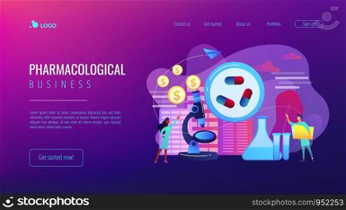 Tiny people scientists in the lab produce pharmaceutical drugs. Pharmacological business, pharmaceutical industry, pharmacological service concept. Website vibrant violet landing web page template.. Pharmacological business concept landing page.