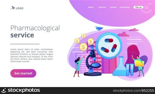 Tiny people scientists in the lab produce pharmaceutical drugs. Pharmacological business, pharmaceutical industry, pharmacological service concept. Website vibrant violet landing web page template.. Pharmacological business concept landing page.