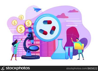 Tiny people scientists in the lab produce pharmaceutical drugs. Pharmacological business, pharmaceutical industry, pharmacological service concept. Bright vibrant violet vector isolated illustration. Pharmacological business concept vector illustration.