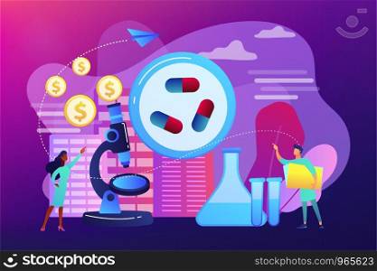 Tiny people scientists in the lab produce pharmaceutical drugs. Pharmacological business, pharmaceutical industry, pharmacological service concept. Bright vibrant violet vector isolated illustration. Pharmacological business concept vector illustration.