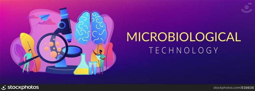 Tiny people scientists study microorganisms through magnifier. Microbiological technology, medical microbiology, biotechnology science concept. Header or footer banner template with copy space.. Microbiological technology concept banner header.