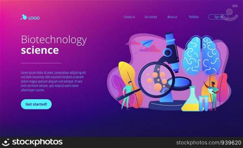 Tiny people scientists study microorganisms through magnifier. Microbiological technology, medical microbiology, biotechnology science concept. Website vibrant violet landing web page template.. Microbiological technology concept landing page.