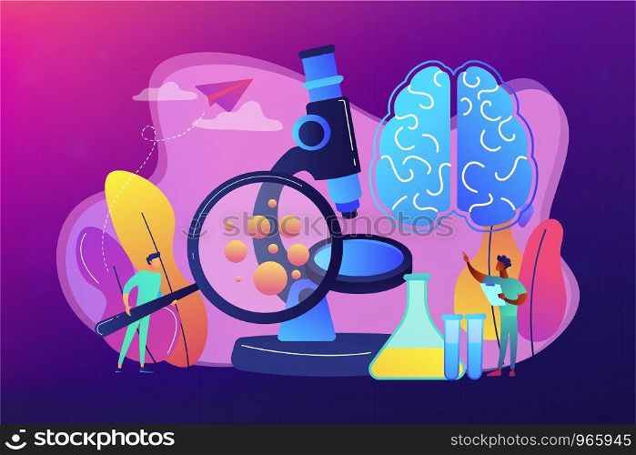 Tiny people scientists study microorganisms through magnifier. Microbiological technology, medical microbiology, biotechnology science concept. Bright vibrant violet vector isolated illustration. Microbiological technology concept vector illustration.