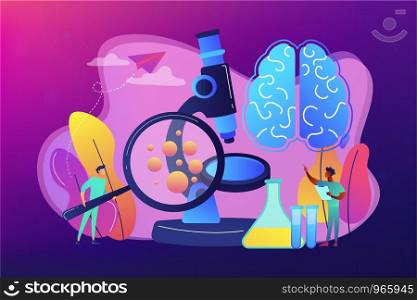 Tiny people scientists study microorganisms through magnifier. Microbiological technology, medical microbiology, biotechnology science concept. Bright vibrant violet vector isolated illustration. Microbiological technology concept vector illustration.