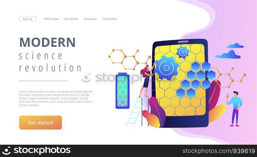Tiny people scientists with graphene atomic structure for smartphone. Graphene technologies, artificial graphene, modern science revolution concept. Website vibrant violet landing web page template.. Graphene technologies concept landing page.
