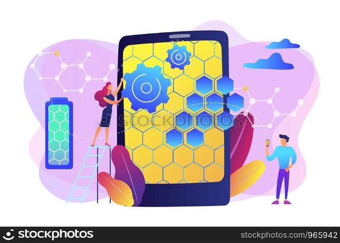 Tiny people scientists with graphene atomic structure for smartphone. Graphene technologies, artificial graphene, modern science revolution concept. Bright vibrant violet vector isolated illustration. Graphene technologies concept vector illustration.