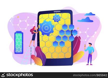 Tiny people scientists with graphene atomic structure for smartphone. Graphene technologies, artificial graphene, modern science revolution concept. Bright vibrant violet vector isolated illustration. Graphene technologies concept vector illustration.