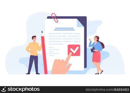Tiny people signing legal principles document. Protection of privacy data, control of employee, statement with text protocol flat vector illustration. Regulation procedure concept
