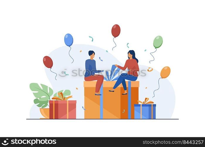 Tiny people sitting on gift box. Balloon, fun, birthday party flat vector illustration. Celebration and holiday concept for banner, website design or landing web page