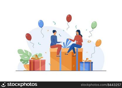 Tiny people sitting on gift box. Balloon, fun, birthday party flat vector illustration. Celebration and holiday concept for banner, website design or landing web page