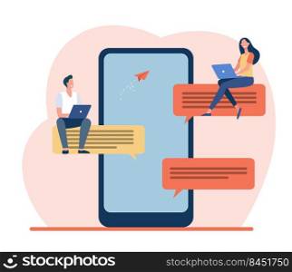 Tiny people sitting on large speech bubbles. Smartphone, online, message flat vector illustration. Social media and digital technology concept for banner, website design or landing web page