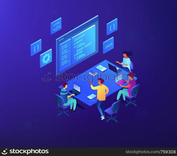 Tiny people software developers team working together coding. Software development team, best working group, digital team on demand concept. Ultraviolet neon vector isometric 3D illustration.. Software development team isometric 3D concept illustration.