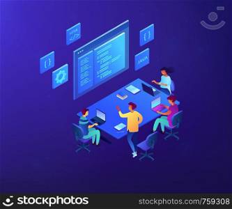 Tiny people software developers team working together coding. Software development team, best working group, digital team on demand concept. Ultraviolet neon vector isometric 3D illustration.. Software development team isometric 3D concept illustration.